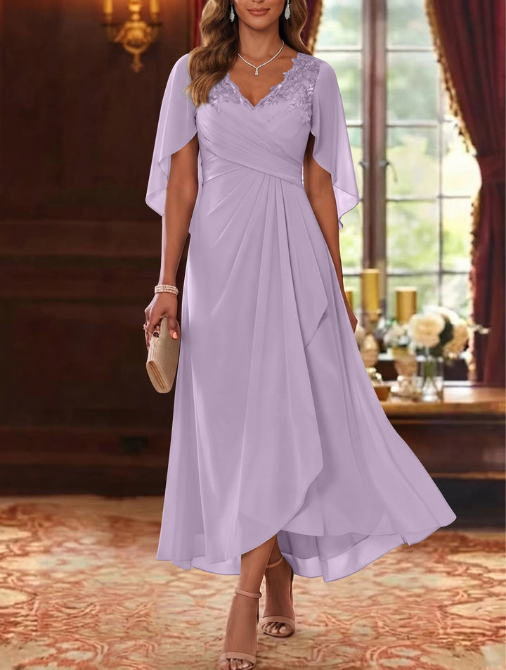 A-Line/Princess V-Neck Chiffon Mother of the Bride Dresses Cape Sleeves Ruched Lace Asymmetrical Tea-Length