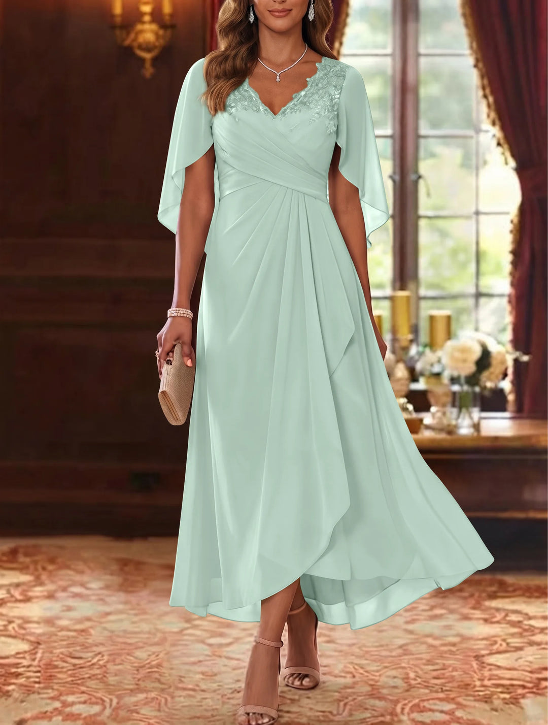 A-Line/Princess V-Neck Chiffon Mother of the Bride Dresses Cape Sleeves Ruched Lace Asymmetrical Tea-Length
