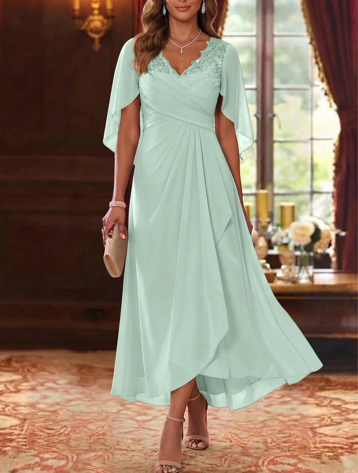 A-Line/Princess V-Neck Chiffon Mother of the Bride Dresses Cape Sleeves Ruched Lace Asymmetrical Tea-Length