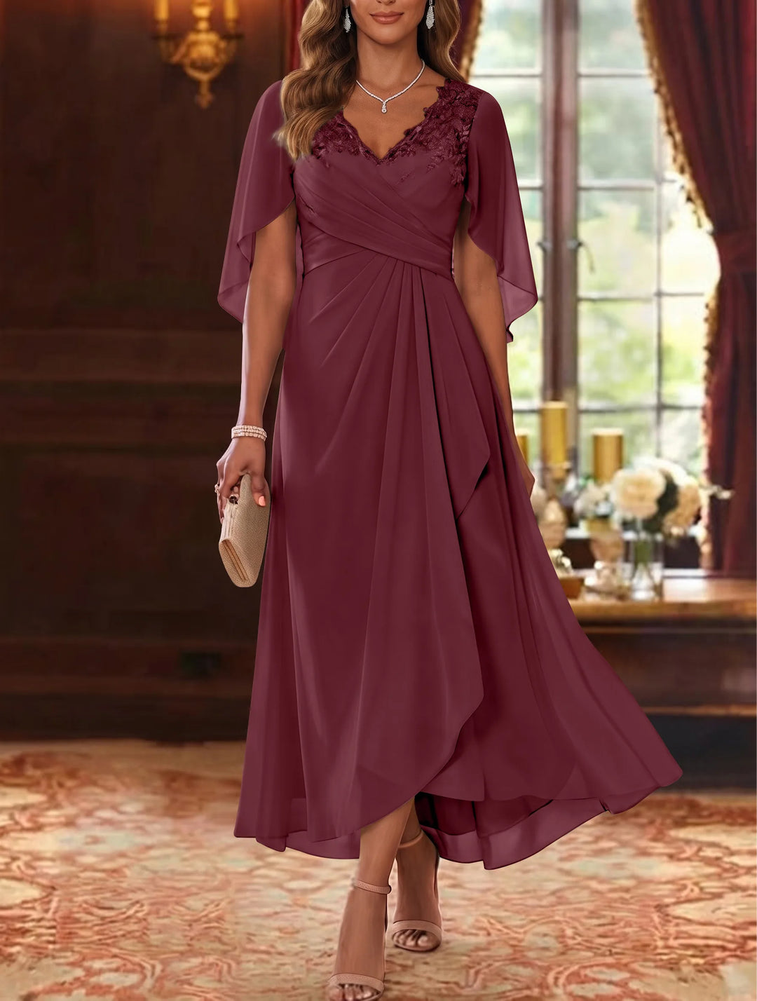 A-Line/Princess V-Neck Chiffon Mother of the Bride Dresses Cape Sleeves Ruched Lace Asymmetrical Tea-Length