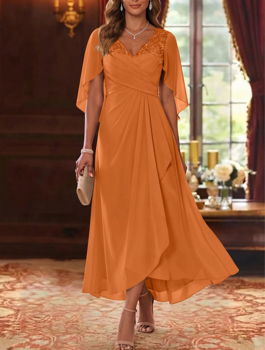 A-Line/Princess V-Neck Chiffon Mother of the Bride Dresses Cape Sleeves Ruched Lace Asymmetrical Tea-Length