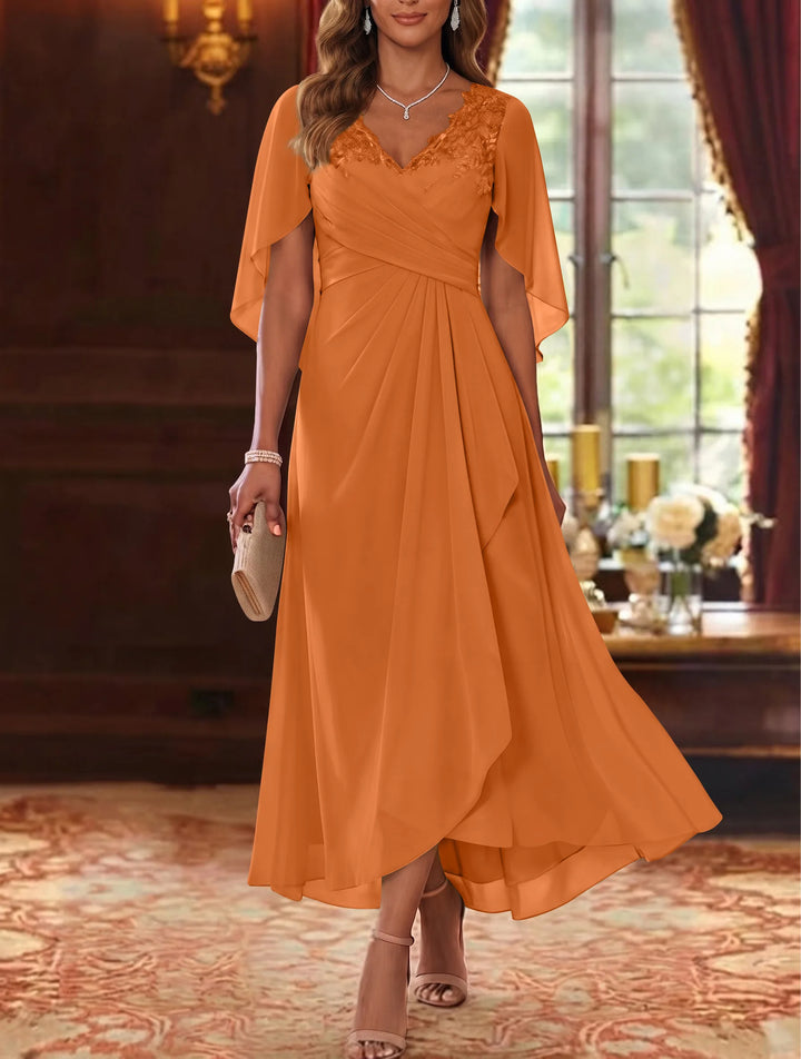 A-Line/Princess V-Neck Chiffon Mother of the Bride Dresses Cape Sleeves Ruched Lace Asymmetrical Tea-Length
