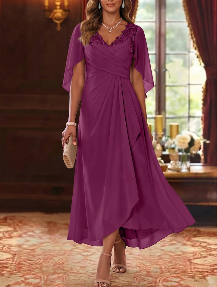 A-Line/Princess V-Neck Chiffon Mother of the Bride Dresses Cape Sleeves Ruched Lace Asymmetrical Tea-Length