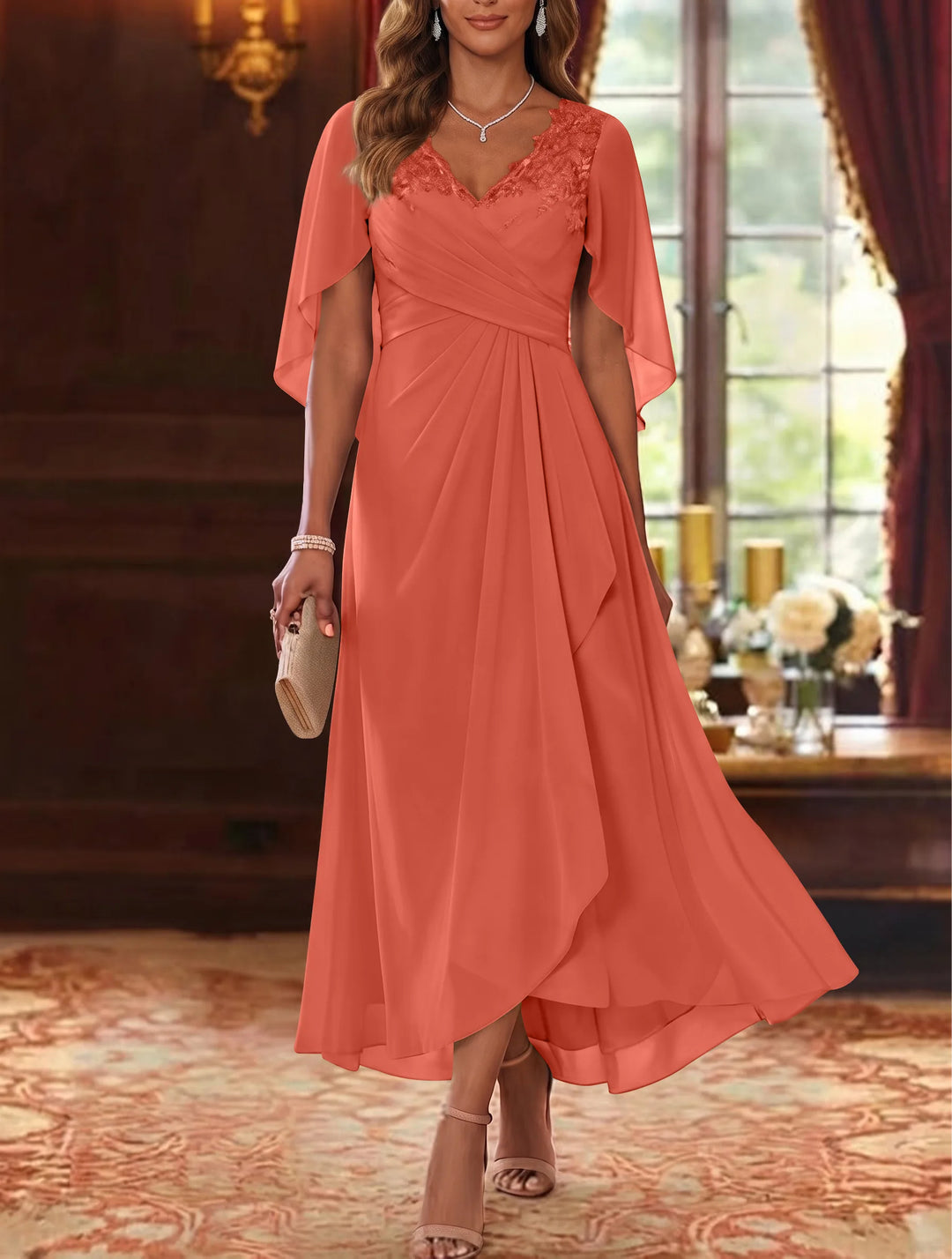 A-Line/Princess V-Neck Chiffon Mother of the Bride Dresses Cape Sleeves Ruched Lace Asymmetrical Tea-Length