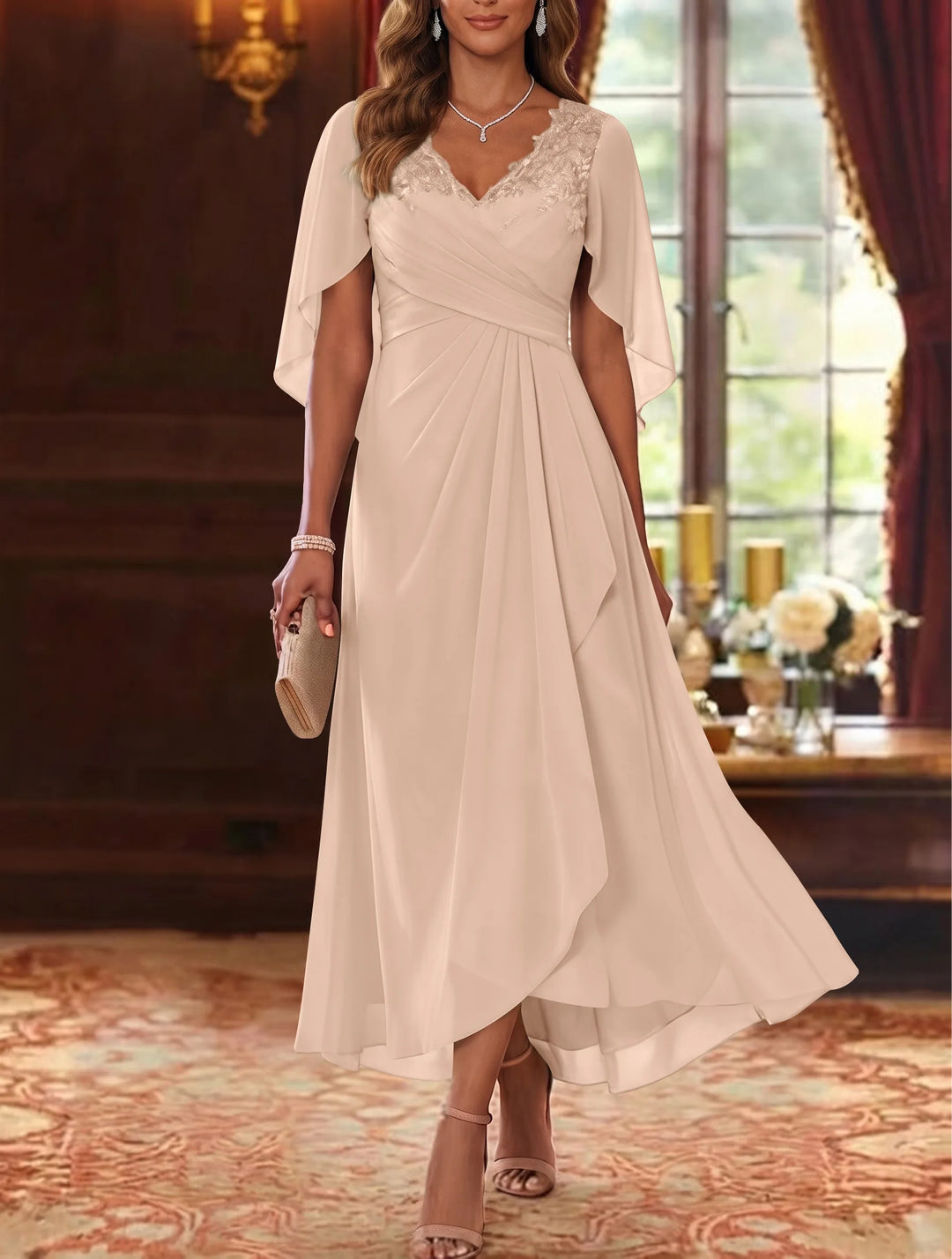 A-Line/Princess V-Neck Chiffon Mother of the Bride Dresses Cape Sleeves Ruched Lace Asymmetrical Tea-Length