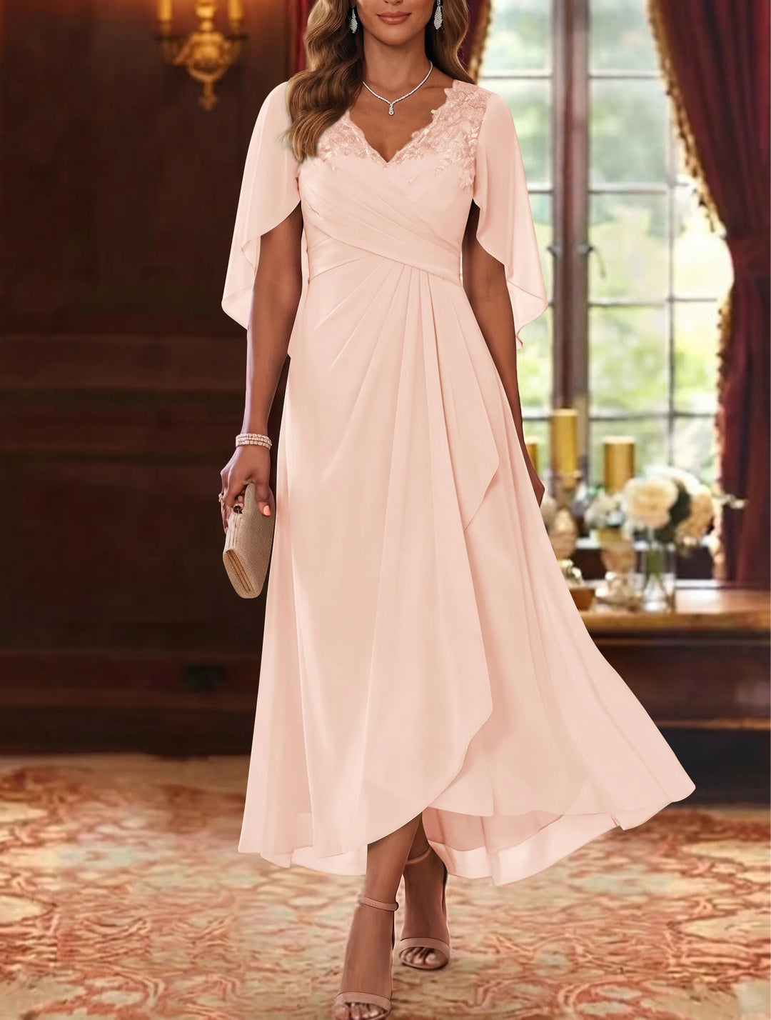 A-Line/Princess V-Neck Chiffon Mother of the Bride Dresses Cape Sleeves Ruched Lace Asymmetrical Tea-Length