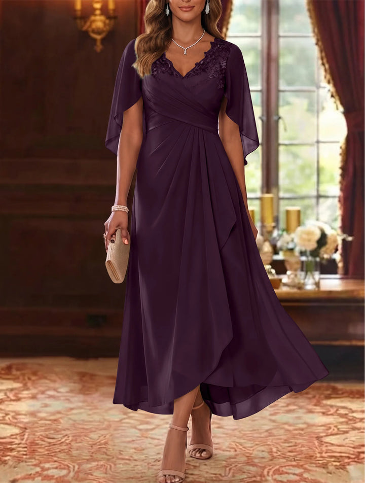 A-Line/Princess V-Neck Chiffon Mother of the Bride Dresses Cape Sleeves Ruched Lace Asymmetrical Tea-Length