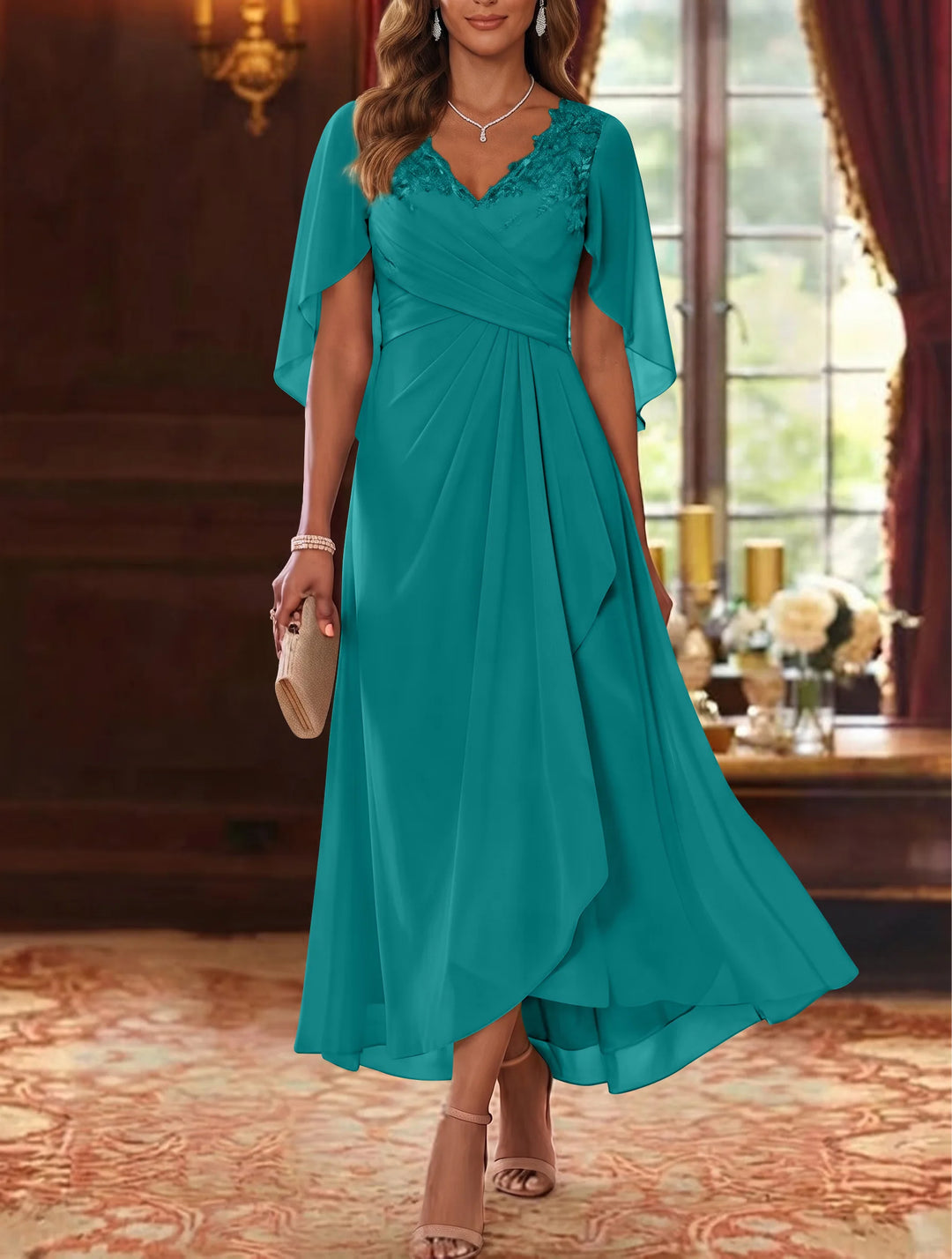 A-Line/Princess V-Neck Chiffon Mother of the Bride Dresses Cape Sleeves Ruched Lace Asymmetrical Tea-Length