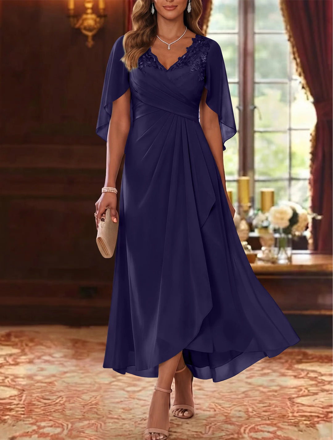 A-Line/Princess V-Neck Chiffon Mother of the Bride Dresses Cape Sleeves Ruched Lace Asymmetrical Tea-Length