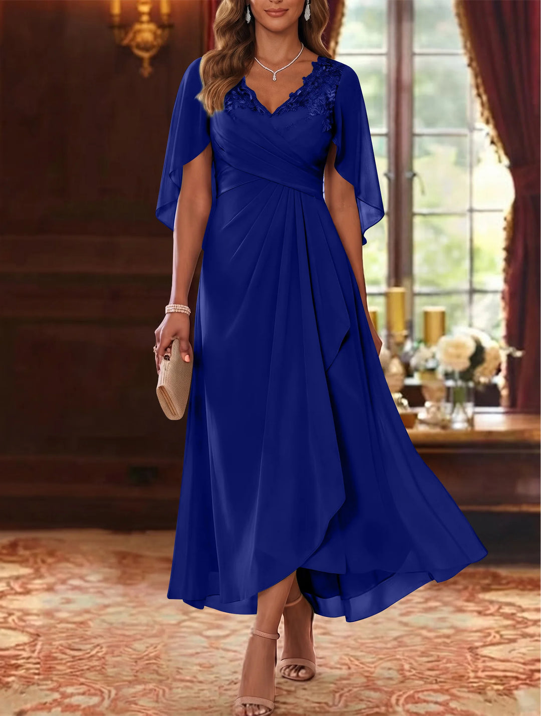 A-Line/Princess V-Neck Chiffon Mother of the Bride Dresses Cape Sleeves Ruched Lace Asymmetrical Tea-Length