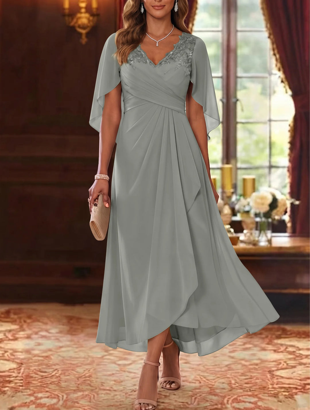 A-Line/Princess V-Neck Chiffon Mother of the Bride Dresses Cape Sleeves Ruched Lace Asymmetrical Tea-Length