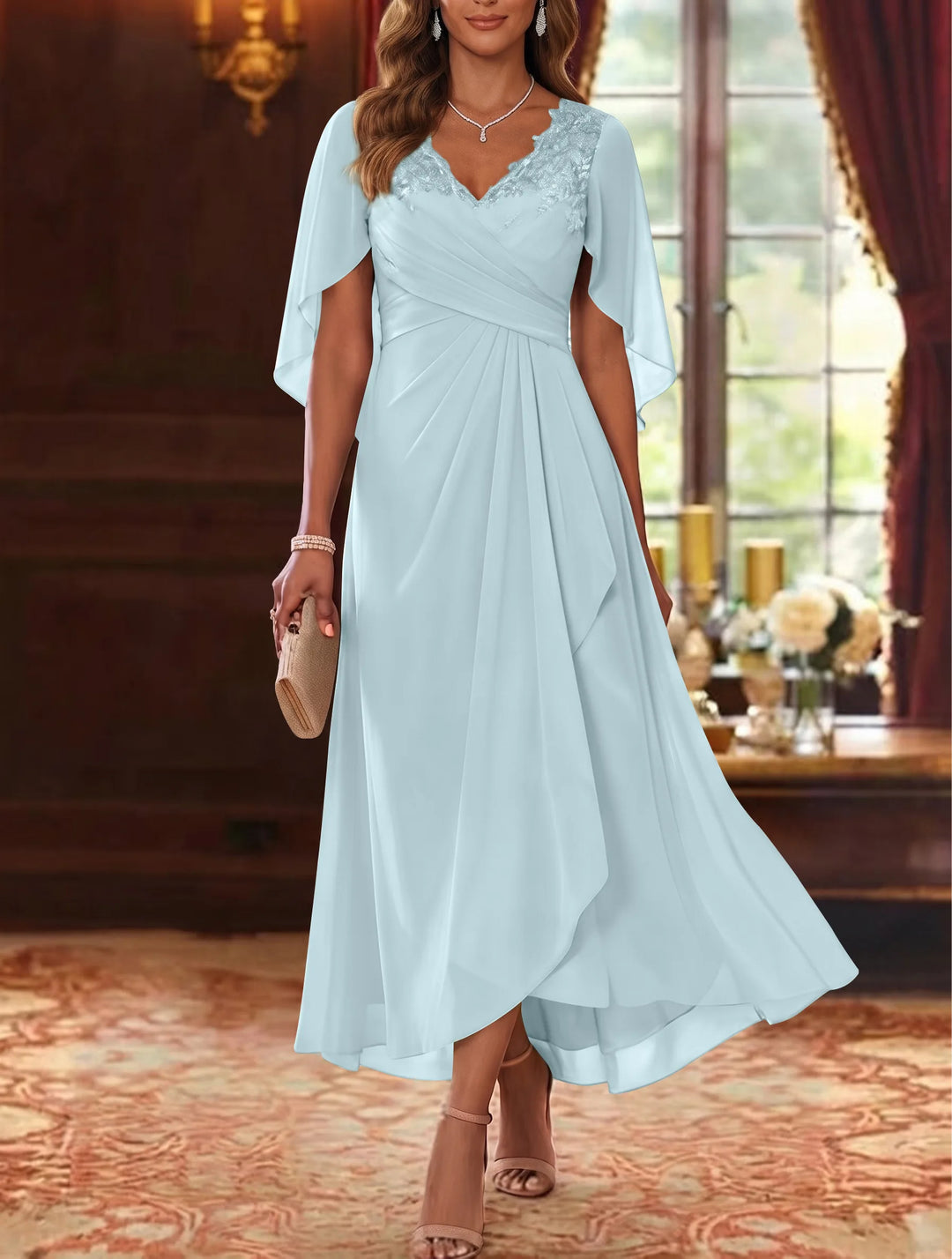 A-Line/Princess V-Neck Chiffon Mother of the Bride Dresses Cape Sleeves Ruched Lace Asymmetrical Tea-Length