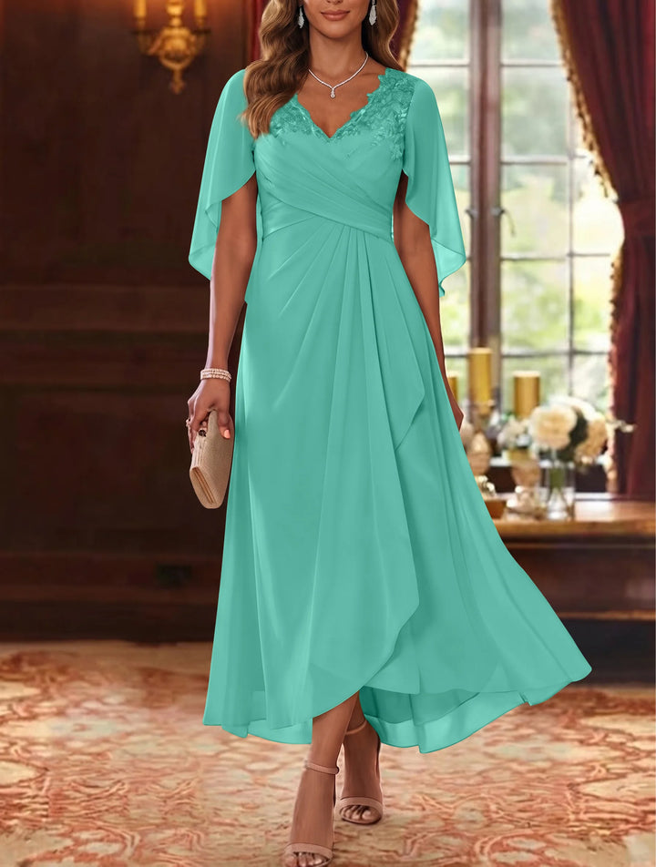 A-Line/Princess V-Neck Chiffon Mother of the Bride Dresses Cape Sleeves Ruched Lace Asymmetrical Tea-Length