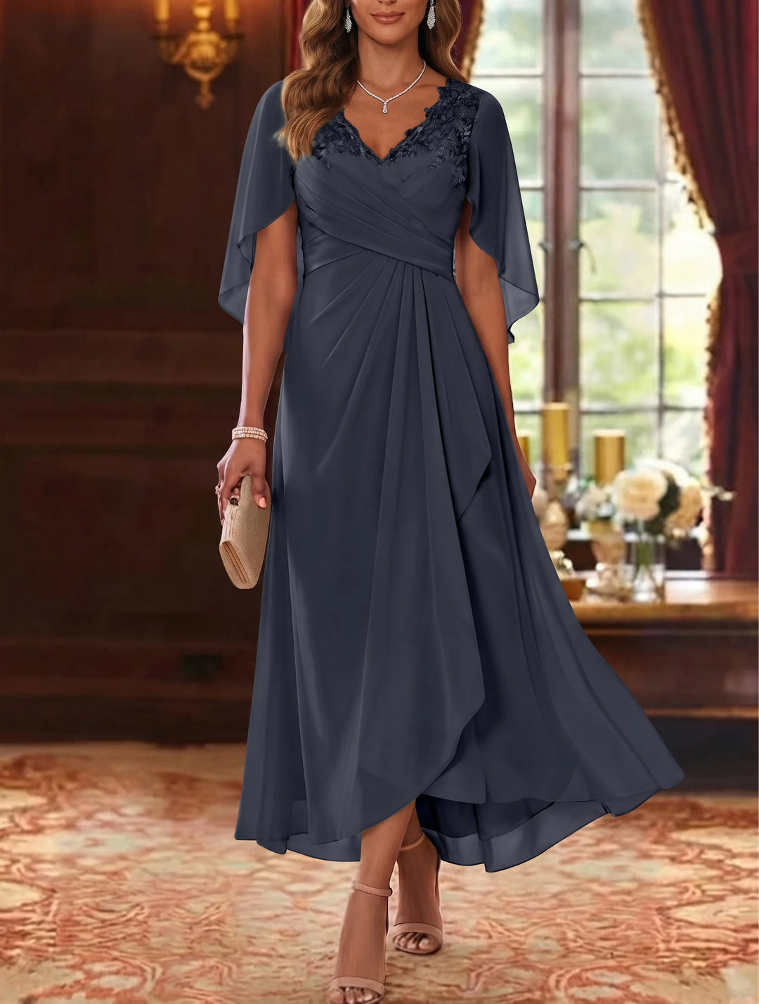 A-Line/Princess V-Neck Chiffon Mother of the Bride Dresses Cape Sleeves Ruched Lace Asymmetrical Tea-Length
