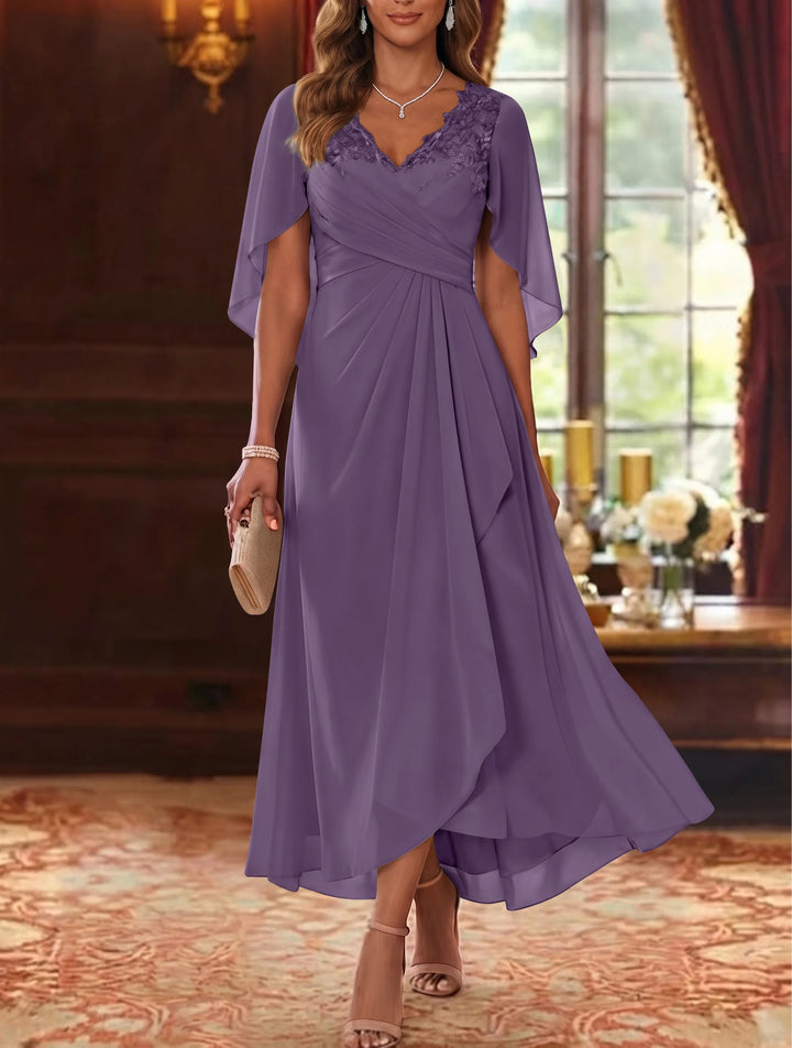 A-Line/Princess V-Neck Chiffon Mother of the Bride Dresses Cape Sleeves Ruched Lace Asymmetrical Tea-Length