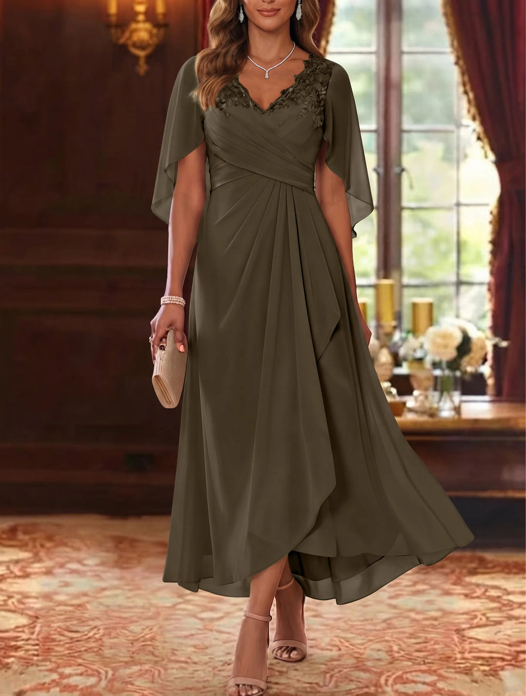 A-Line/Princess V-Neck Chiffon Mother of the Bride Dresses Cape Sleeves Ruched Lace Asymmetrical Tea-Length
