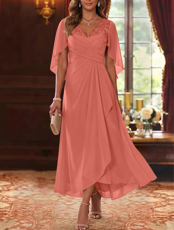 A-Line/Princess V-Neck Chiffon Mother of the Bride Dresses Cape Sleeves Ruched Lace Asymmetrical Tea-Length