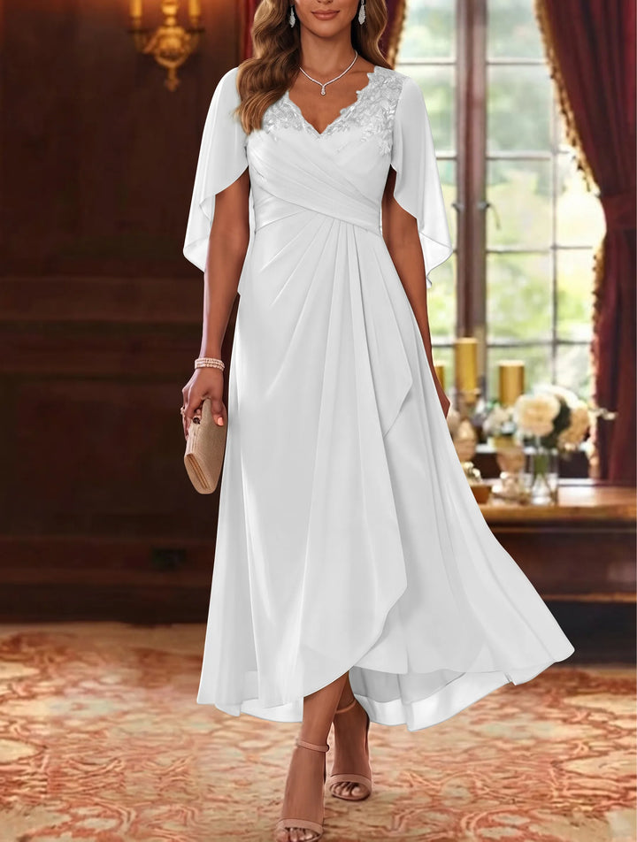 A-Line/Princess V-Neck Chiffon Mother of the Bride Dresses Cape Sleeves Ruched Lace Asymmetrical Tea-Length