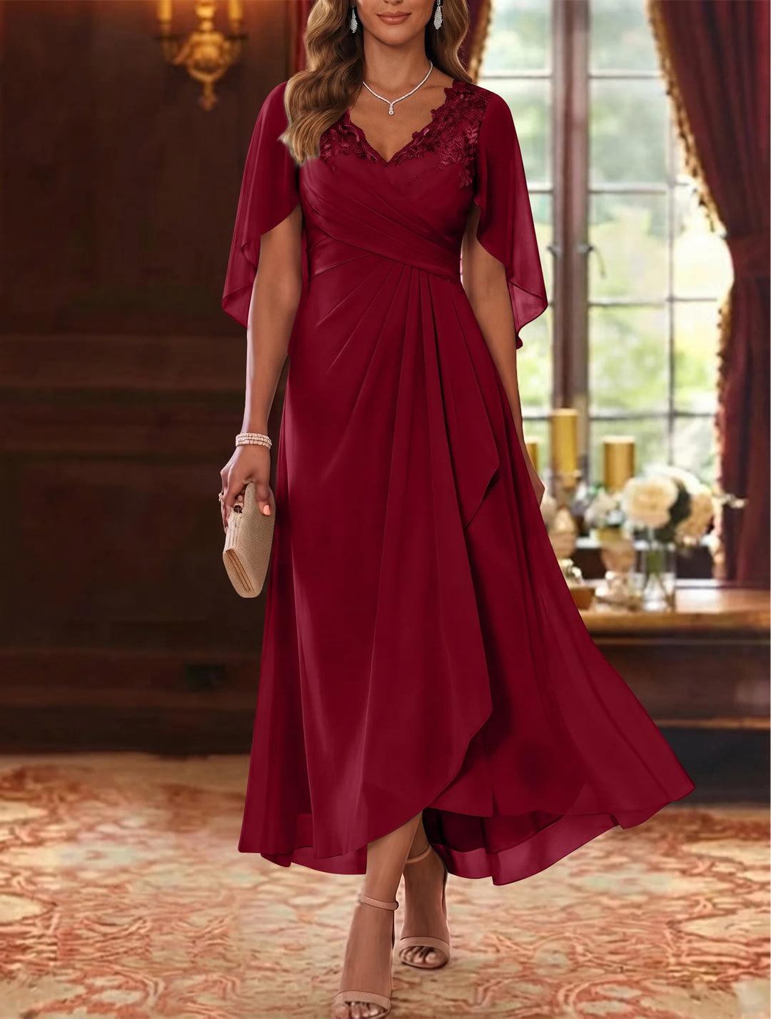 A-Line/Princess V-Neck Chiffon Mother of the Bride Dresses Cape Sleeves Ruched Lace Asymmetrical Tea-Length