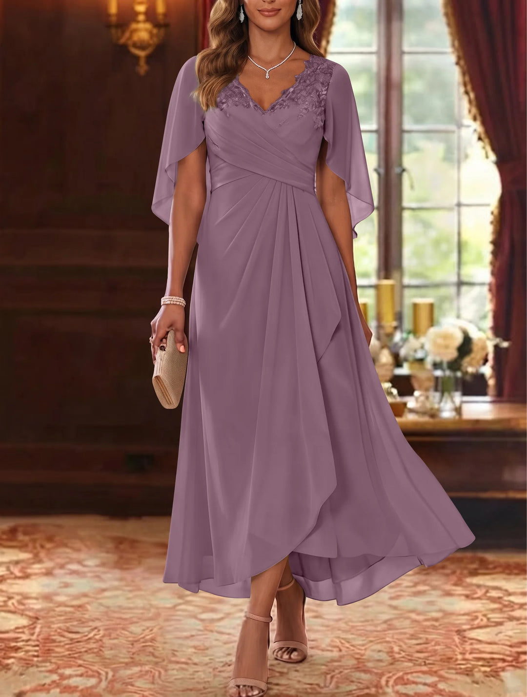 A-Line/Princess V-Neck Chiffon Mother of the Bride Dresses Cape Sleeves Ruched Lace Asymmetrical Tea-Length