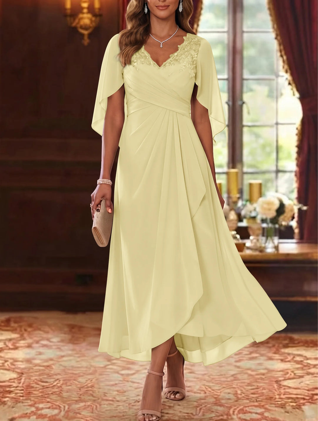 A-Line/Princess V-Neck Chiffon Mother of the Bride Dresses Cape Sleeves Ruched Lace Asymmetrical Tea-Length