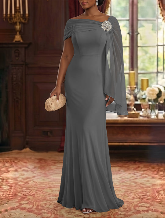 Sheath/Column Asymmetrical Neck Chiffon Mother of the Bride Dresses Cape Sleeve Rhinestone Floor-Length Ruched