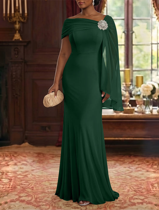 Sheath/Column Asymmetrical Neck Chiffon Mother of the Bride Dresses Cape Sleeve Rhinestone Floor-Length Ruched