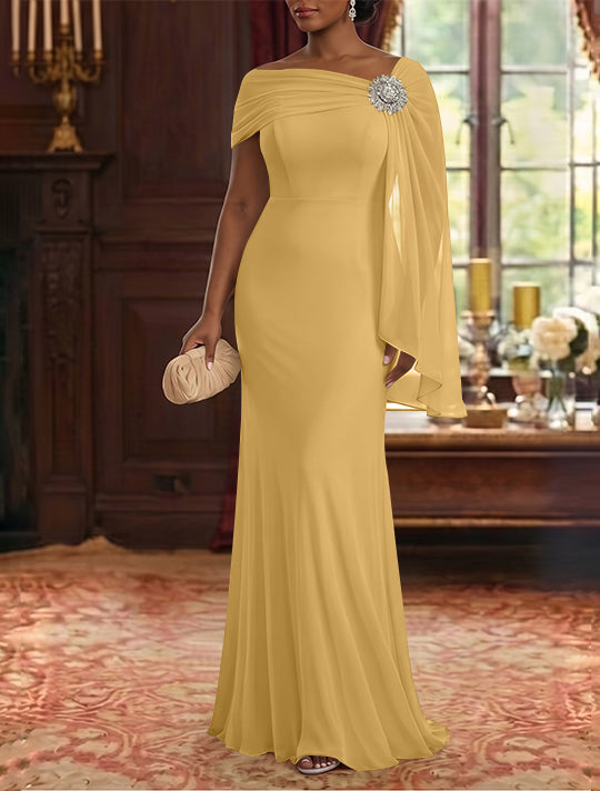 Sheath/Column Asymmetrical Neck Chiffon Mother of the Bride Dresses Cape Sleeve Rhinestone Floor-Length Ruched