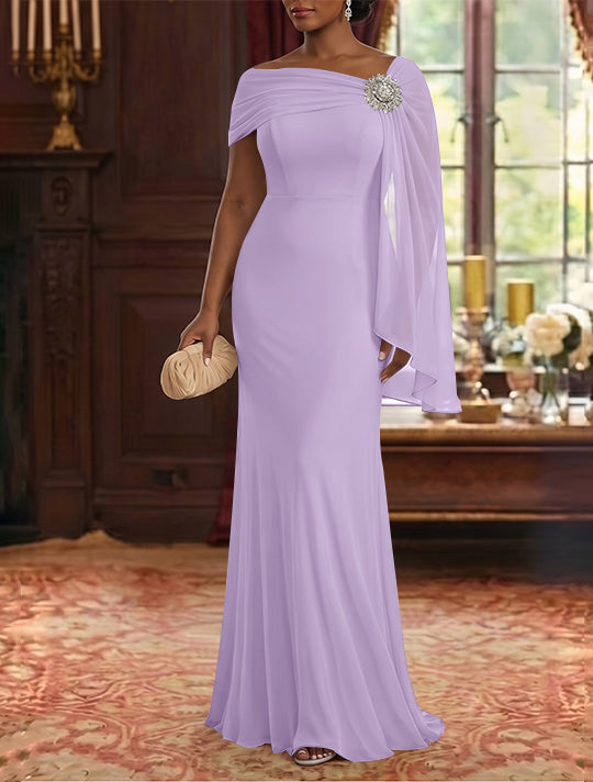 Sheath/Column Asymmetrical Neck Chiffon Mother of the Bride Dresses Cape Sleeve Rhinestone Floor-Length Ruched