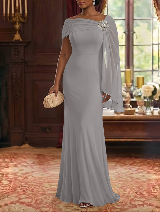 Sheath/Column Asymmetrical Neck Chiffon Mother of the Bride Dresses Cape Sleeve Rhinestone Floor-Length Ruched