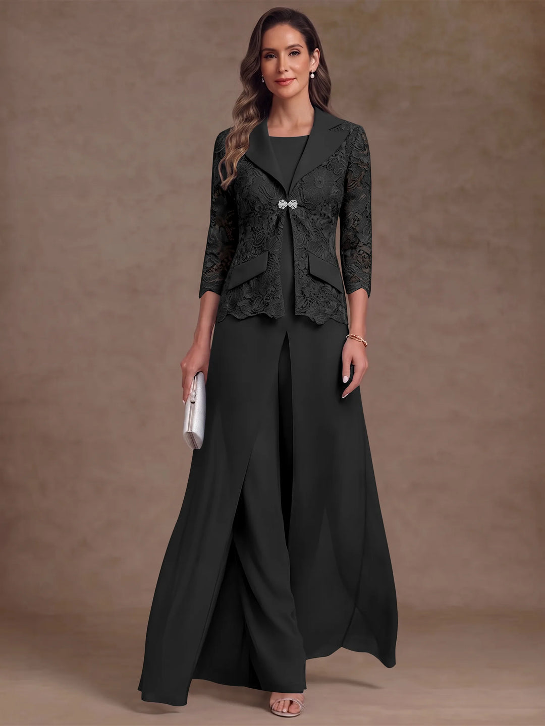 3 Pieces Suit Scoop Chiffon Mother of the Bride Pantsuits with Jacket Overskirt Lace Ankle-Length 3/4 Sleeves