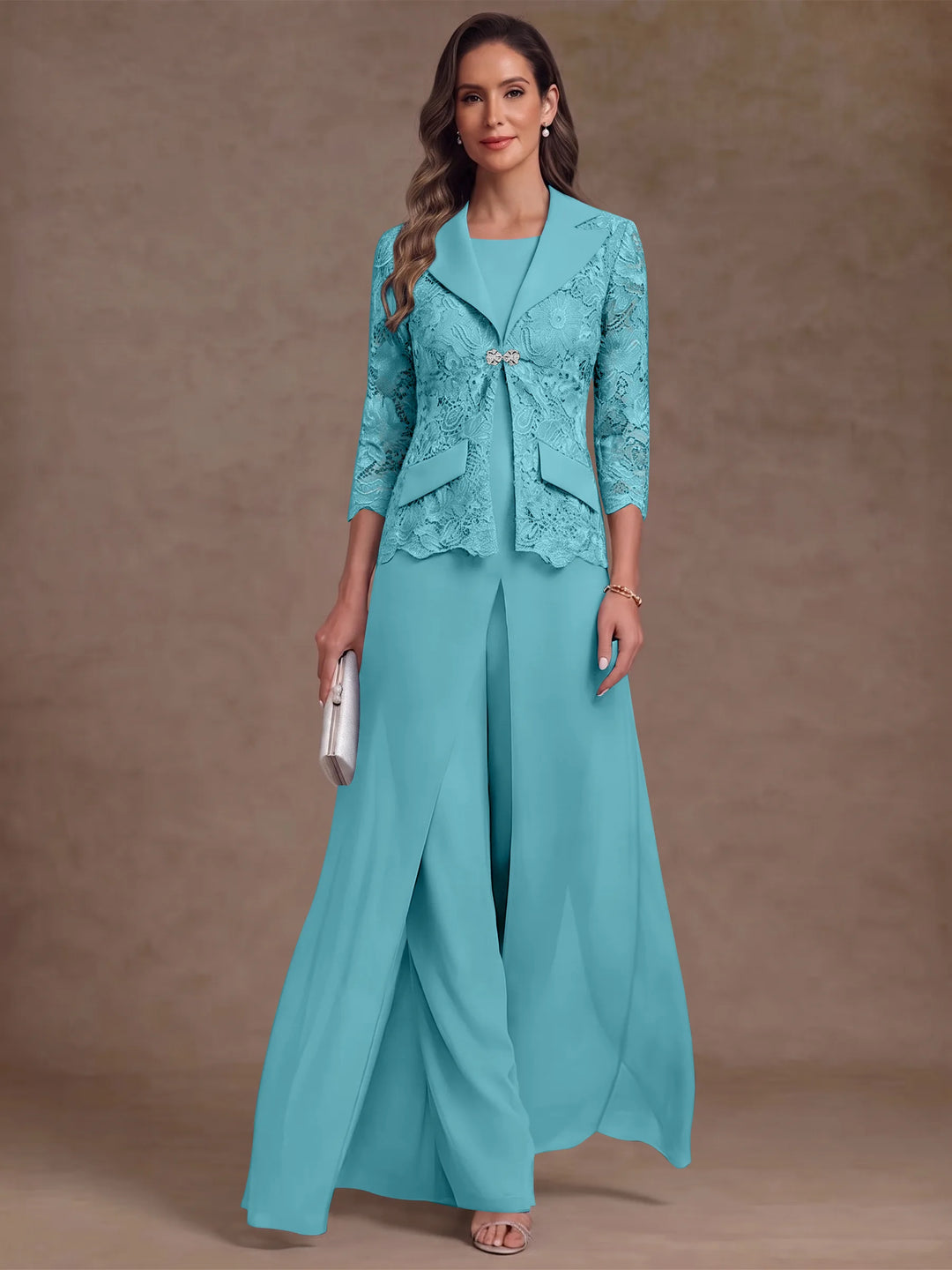 3 Pieces Suit Scoop Chiffon Mother of the Bride Pantsuits with Jacket Overskirt Lace Ankle-Length 3/4 Sleeves