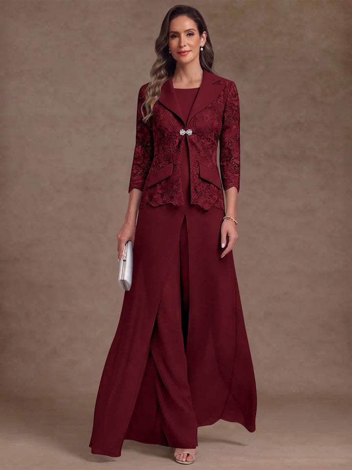 3 Pieces Suit Scoop Chiffon Mother of the Bride Pantsuits with Jacket Overskirt Lace Ankle-Length 3/4 Sleeves