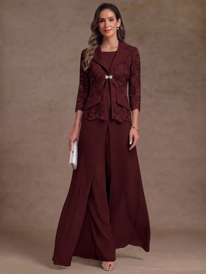 3 Pieces Suit Scoop Chiffon Mother of the Bride Pantsuits with Jacket Overskirt Lace Ankle-Length 3/4 Sleeves