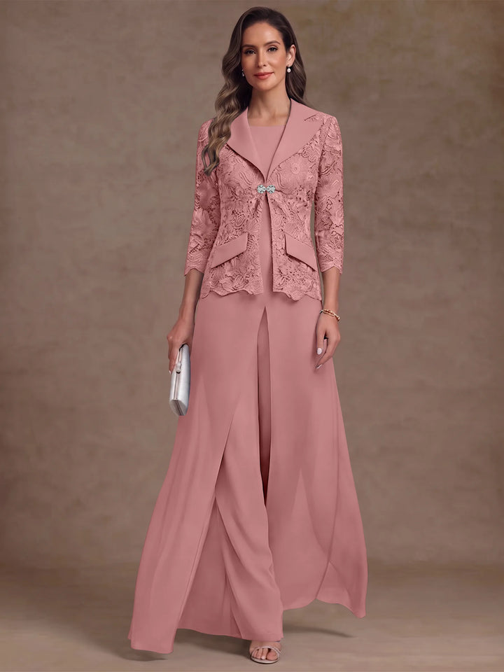 3 Pieces Suit Scoop Chiffon Mother of the Bride Pantsuits with Jacket Overskirt Lace Ankle-Length 3/4 Sleeves