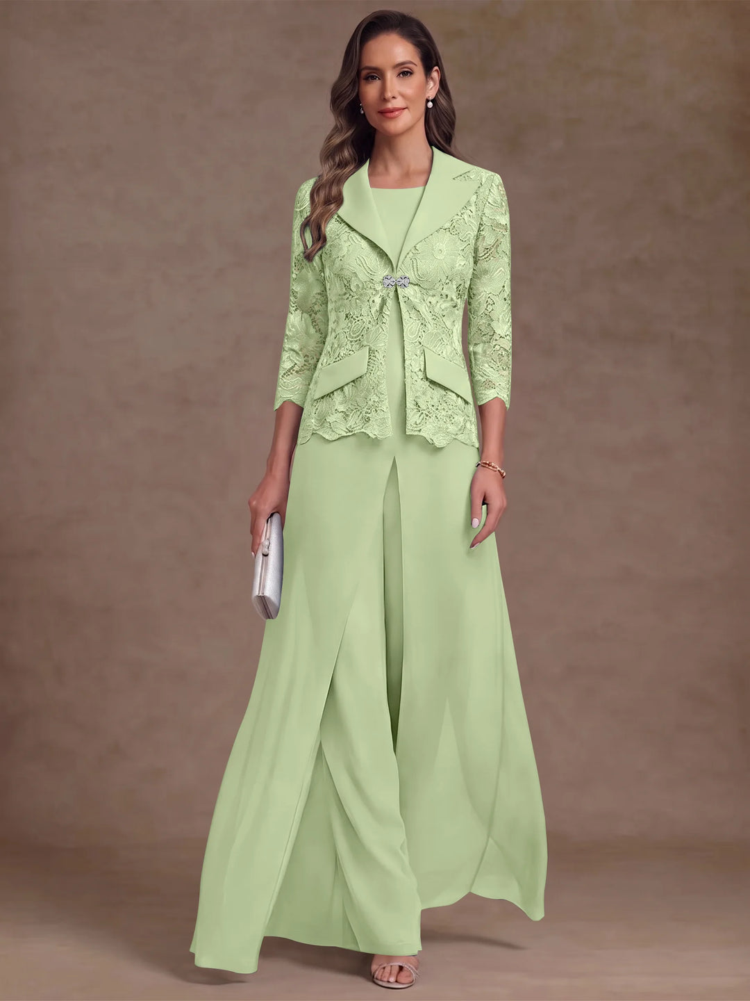 3 Pieces Suit Scoop Chiffon Mother of the Bride Pantsuits with Jacket Overskirt Lace Ankle-Length 3/4 Sleeves