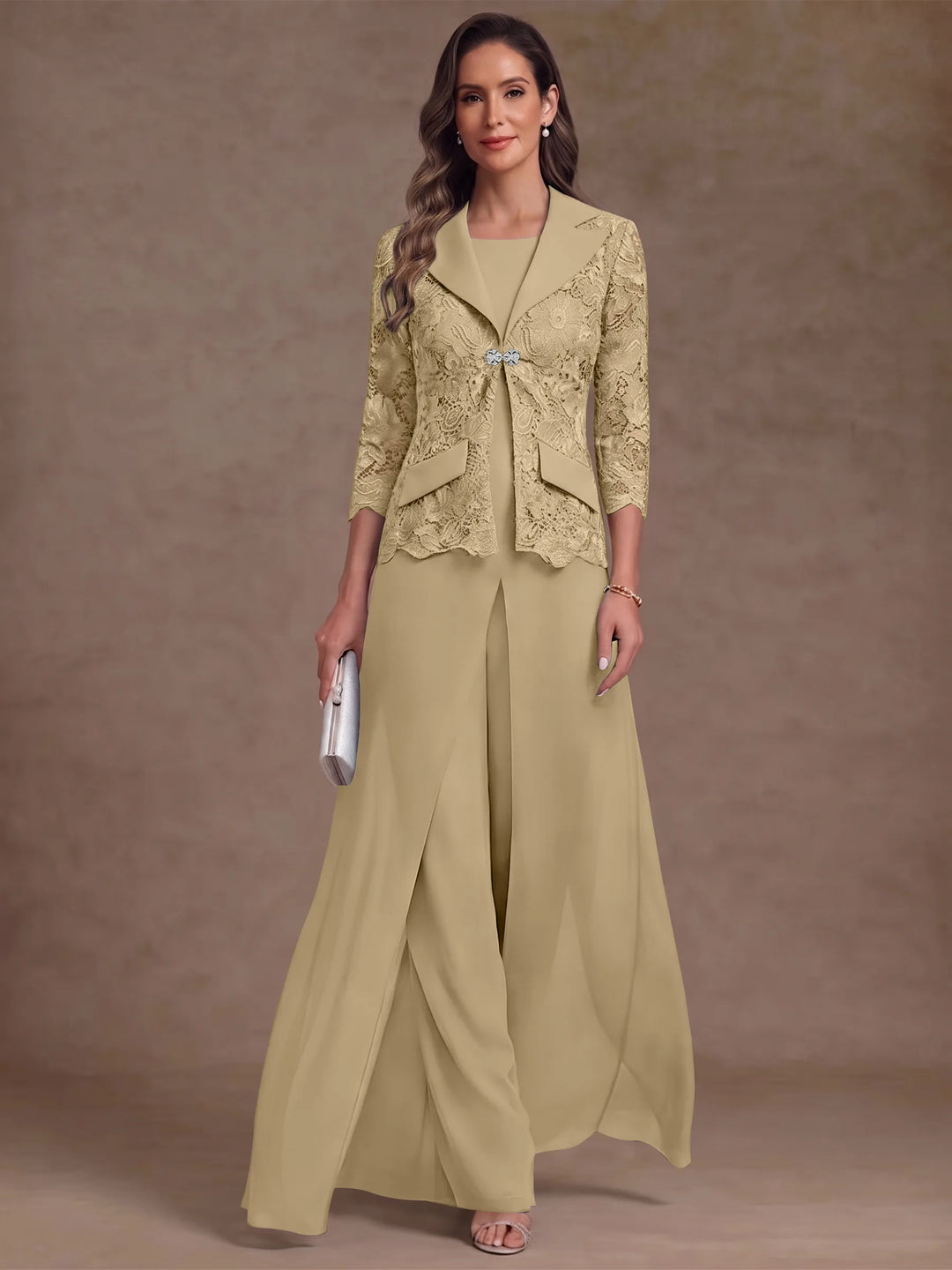 3 Pieces Suit Scoop Chiffon Mother of the Bride Pantsuits with Jacket Overskirt Lace Ankle-Length 3/4 Sleeves