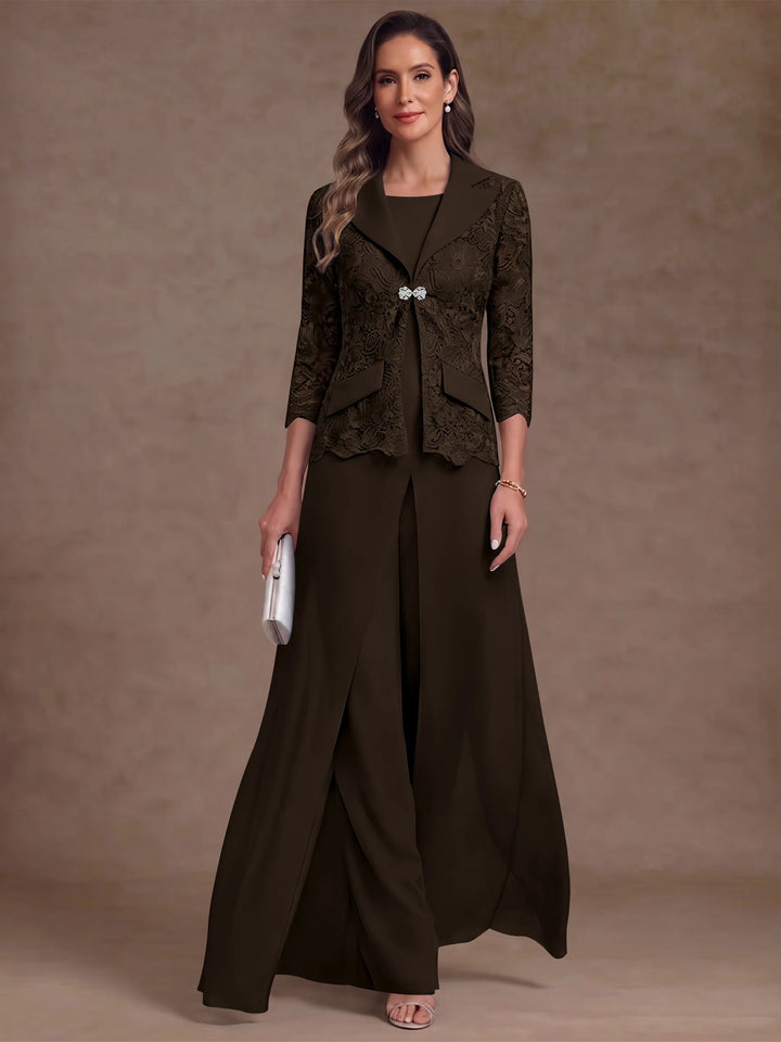 3 Pieces Suit Scoop Chiffon Mother of the Bride Pantsuits with Jacket Overskirt Lace Ankle-Length 3/4 Sleeves