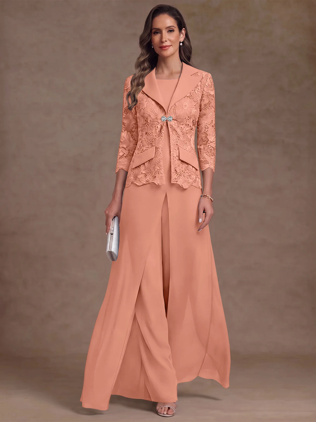3 Pieces Suit Scoop Chiffon Mother of the Bride Pantsuits with Jacket Overskirt Lace Ankle-Length 3/4 Sleeves