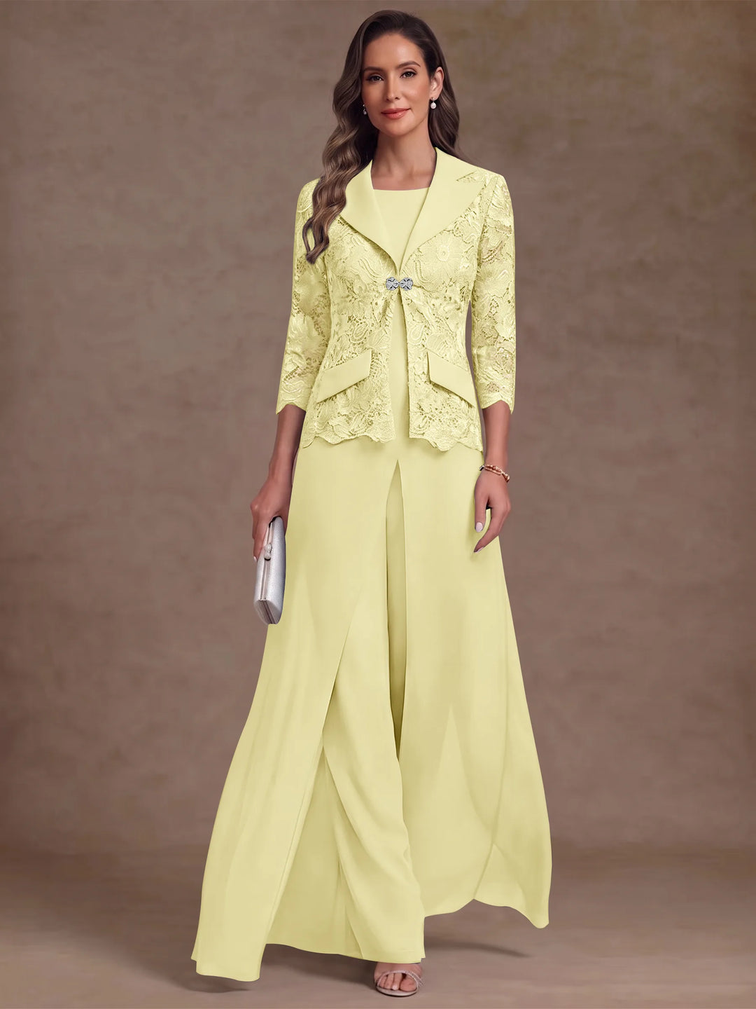 3 Pieces Suit Scoop Chiffon Mother of the Bride Pantsuits with Jacket Overskirt Lace Ankle-Length 3/4 Sleeves