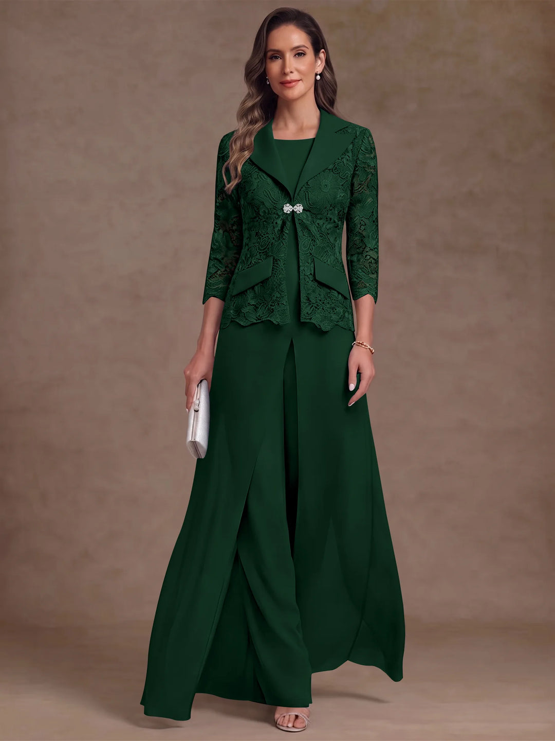 3 Pieces Suit Scoop Chiffon Mother of the Bride Pantsuits with Jacket Overskirt Lace Ankle-Length 3/4 Sleeves