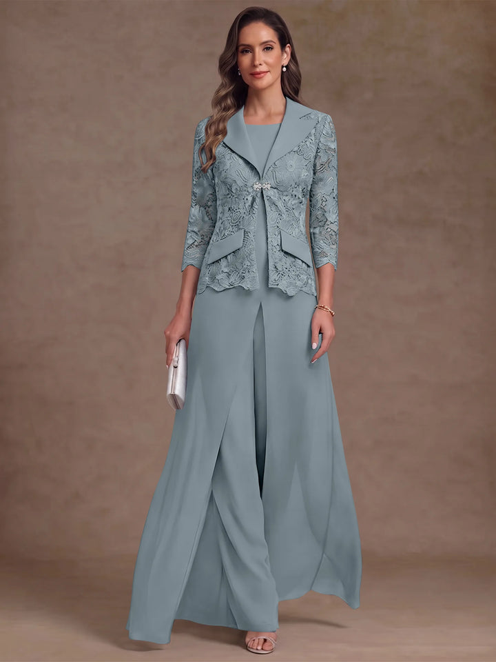 3 Pieces Suit Scoop Chiffon Mother of the Bride Pantsuits with Jacket Overskirt Lace Ankle-Length 3/4 Sleeves