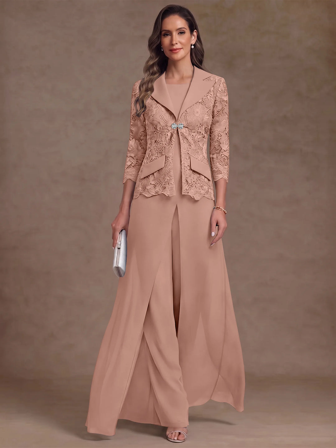 3 Pieces Suit Scoop Chiffon Mother of the Bride Pantsuits with Jacket Overskirt Lace Ankle-Length 3/4 Sleeves