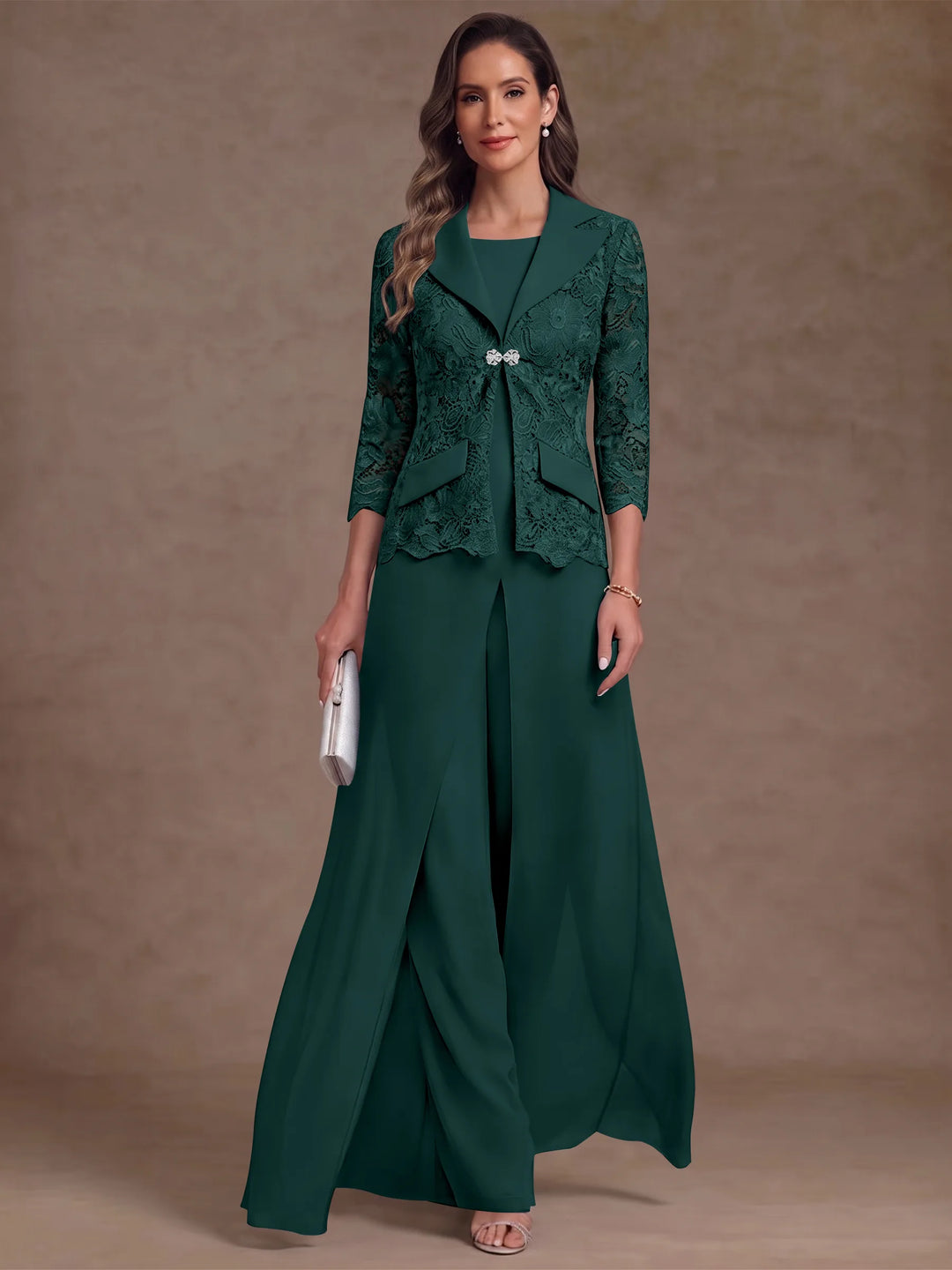 3 Pieces Suit Scoop Chiffon Mother of the Bride Pantsuits with Jacket Overskirt Lace Ankle-Length 3/4 Sleeves
