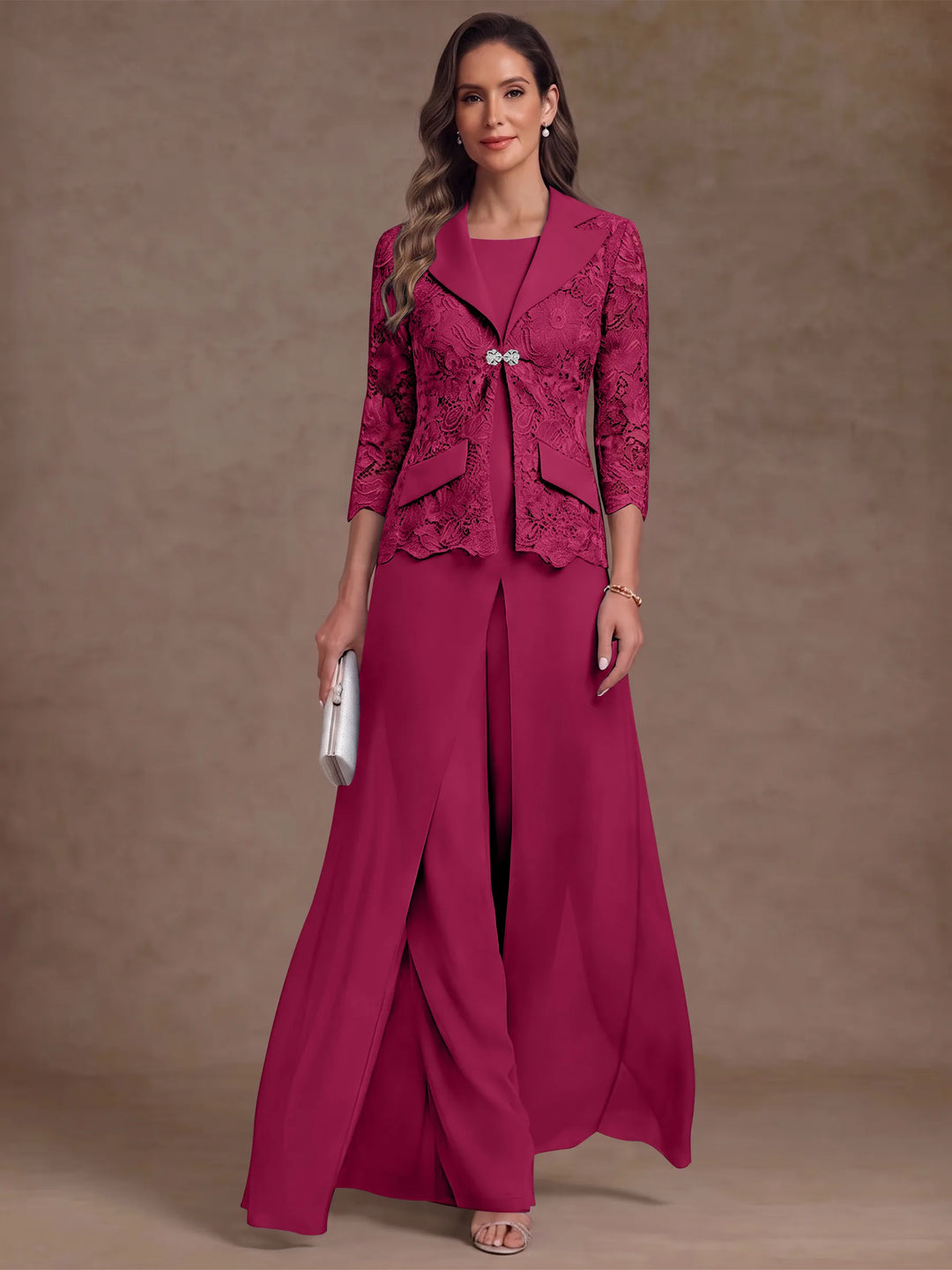 3 Pieces Suit Scoop Chiffon Mother of the Bride Pantsuits with Jacket Overskirt Lace Ankle-Length 3/4 Sleeves