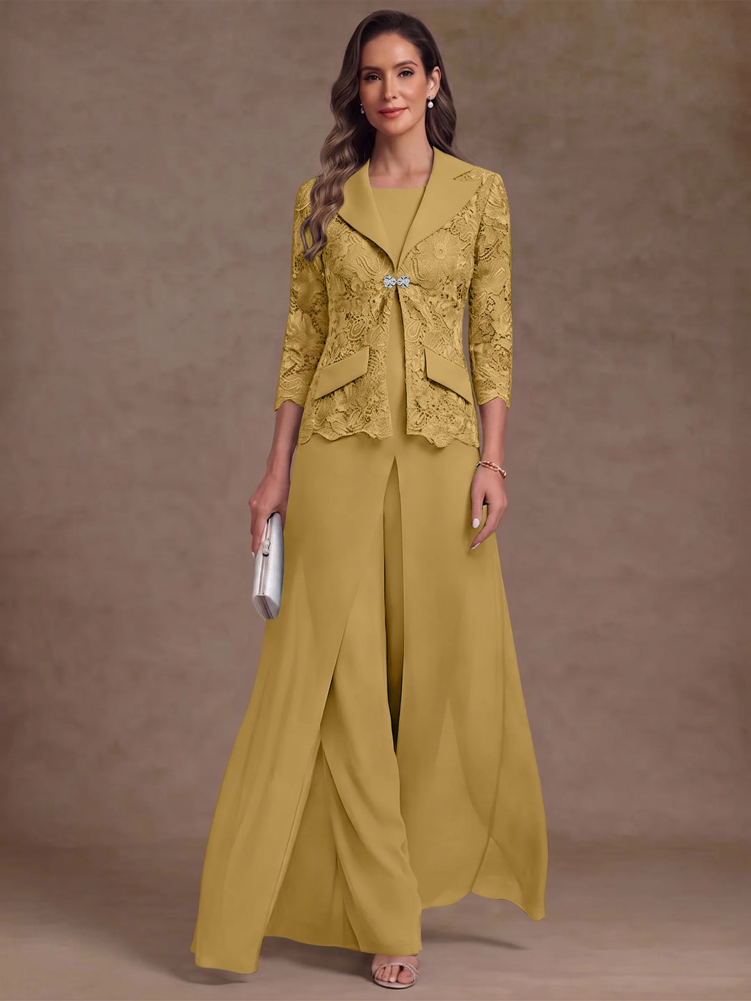 3 Pieces Suit Scoop Chiffon Mother of the Bride Pantsuits with Jacket Overskirt Lace Ankle-Length 3/4 Sleeves
