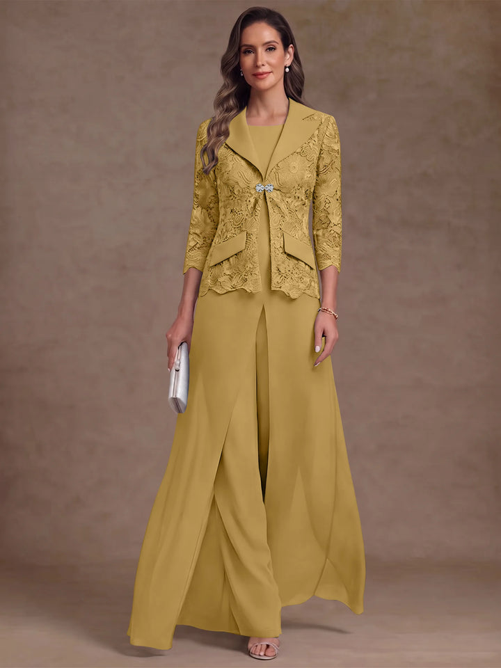 3 Pieces Suit Scoop Chiffon Mother of the Bride Pantsuits with Jacket Overskirt Lace Ankle-Length 3/4 Sleeves