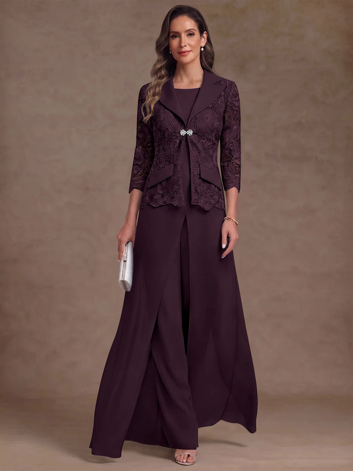 3 Pieces Suit Scoop Chiffon Mother of the Bride Pantsuits with Jacket Overskirt Lace Ankle-Length 3/4 Sleeves