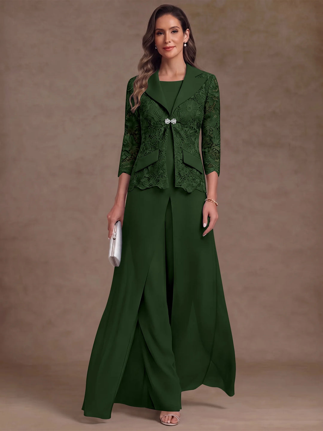 3 Pieces Suit Scoop Chiffon Mother of the Bride Pantsuits with Jacket Overskirt Lace Ankle-Length 3/4 Sleeves