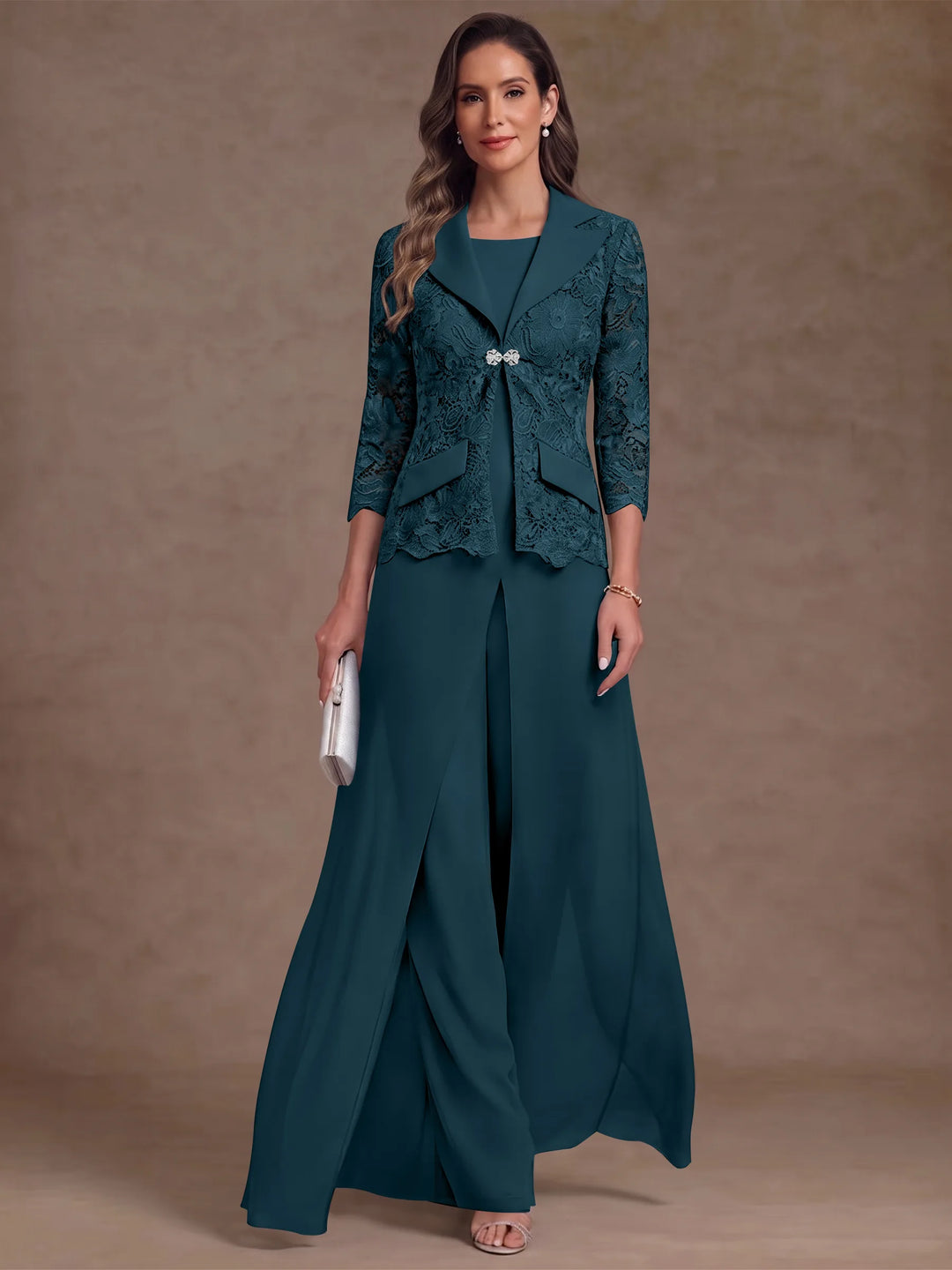 3 Pieces Suit Scoop Chiffon Mother of the Bride Pantsuits with Jacket Overskirt Lace Ankle-Length 3/4 Sleeves